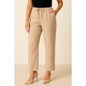 MODAMALFI Pant Women Small Beige Linen Straight Leg Pull-On Elastic Waist Casual